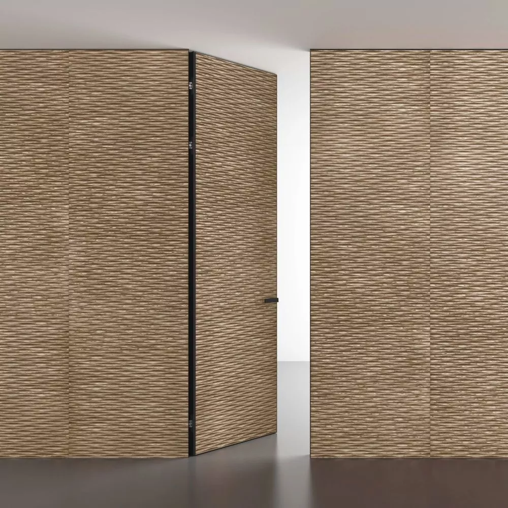 UNIFLEX-3D, Alu, Wave model, natural veneer Noce Canaletto. Hidden door frame, aluminum end edge and handle in Dark Brown color. Wall panels COVER, Wave. A variant of the door "under the ceiling".