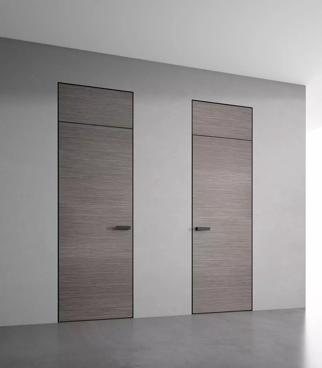 Doors with transom. FILO–60, Alu, Vento, natural veneer Dark Grey Lati, hidden door frame and aluminum end edge in Piombo finish.