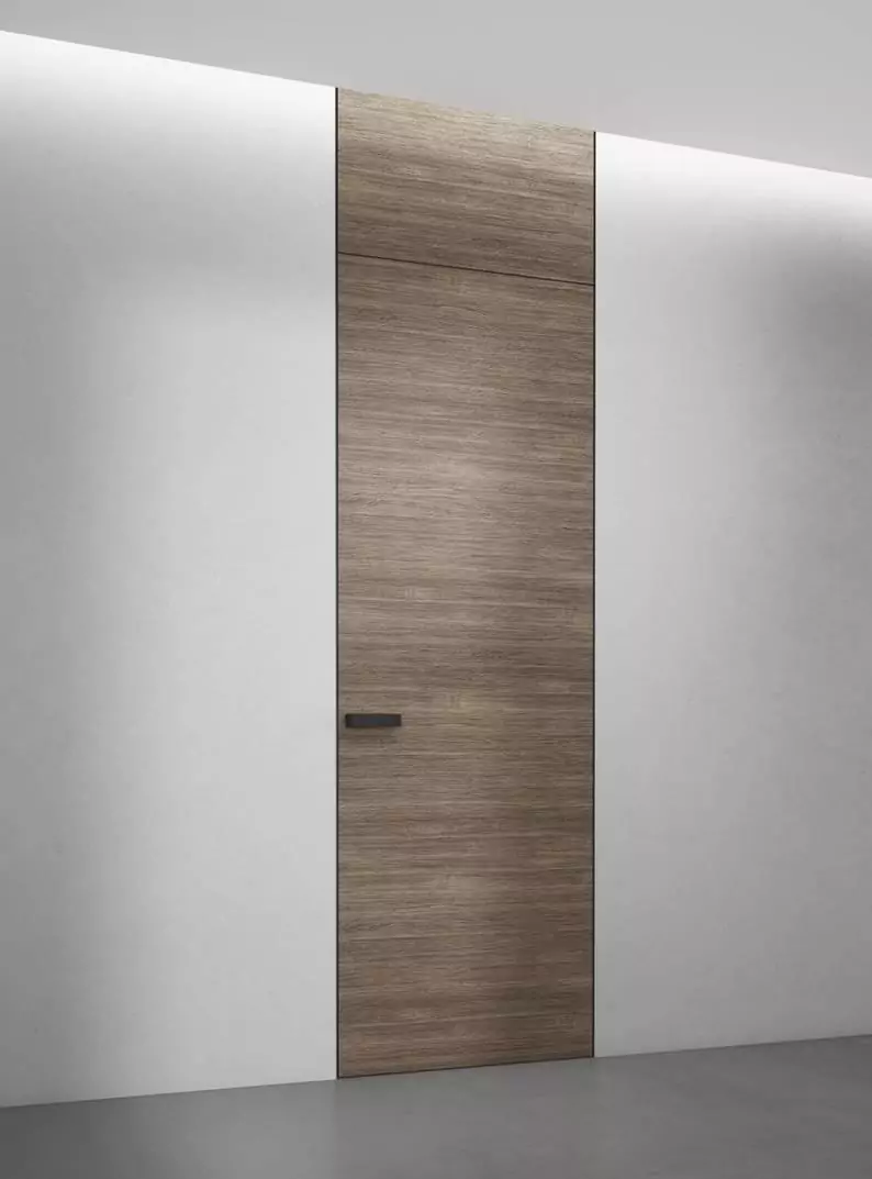 A door with a transom. FILO–60, Alu, Vento, natural veneer Rovere Cenero. Aluminum end edge, hidden door frame and handle in Dark Brown finish.