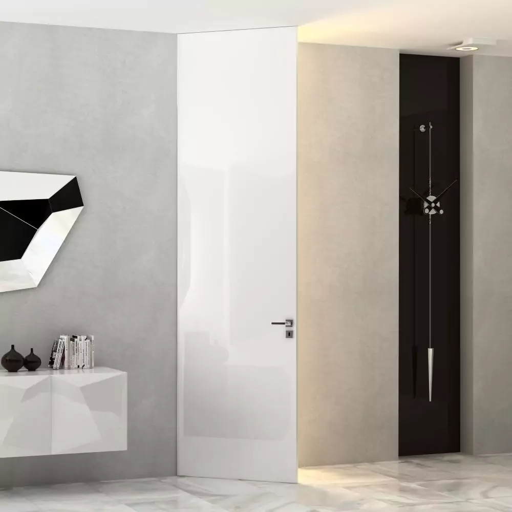 The door to the ceiling. FILO-60, glossy enamel Bianco Gloss, hidden door frame in Chrome Matt finish.
