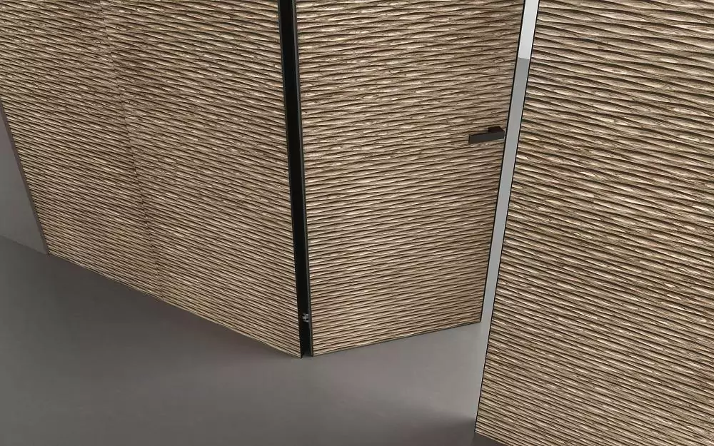 UNIFLEX–3D, Alu, Wave model, natural veneer Noce Canaletto. Hidden door frame, aluminum end edge and handle in Dark Brown color. Wall panels COVER, Wave.