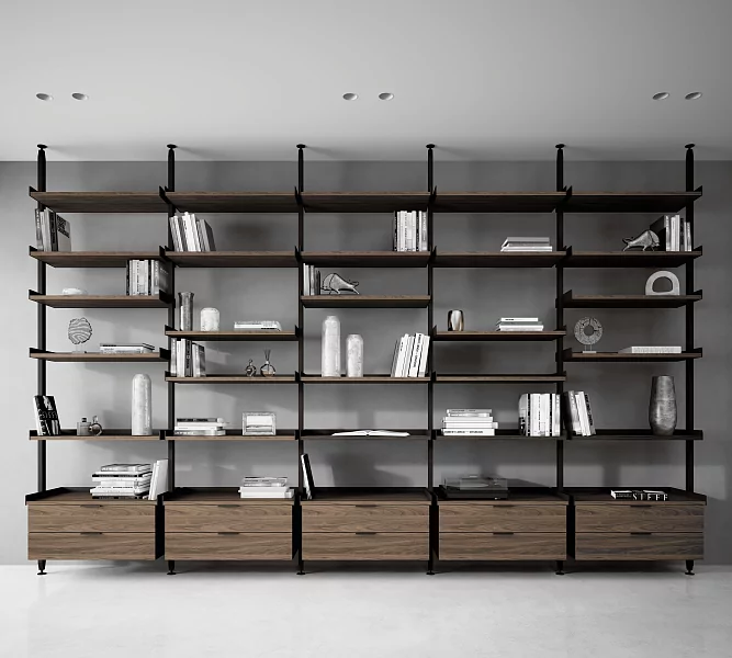 FORTE shelving, aluminum in Black finish, shelves and dressers in Noce Tradizionale finish