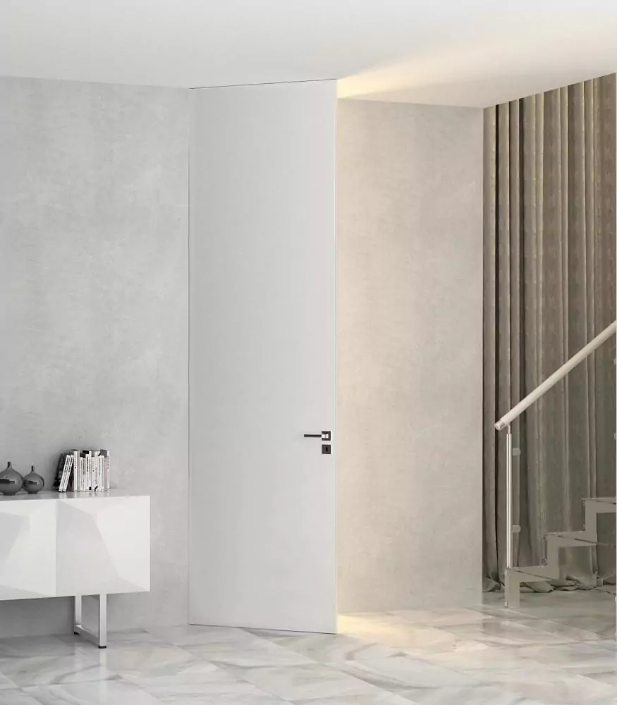FILO–60, Alu, Bianco matte enamel, hidden door frame and aluminum end edge in Chrome Matt finish. The "under the ceiling" option.