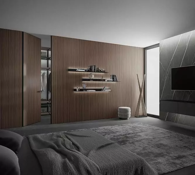 Wall panels COVER, Step. Door FILO–60, Alu, Step. Natural veneer Noce Canaletto.