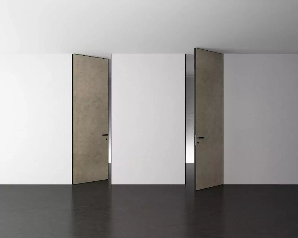 FILO–60, Alu, decorative composite material Pietra Calce. Hidden door frame, aluminum end edge and handle in Black finish.