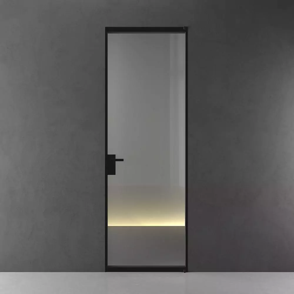 SLIM, Space model, translucent glass Trasparente Grafite, hidden INVISIBLE box. Hidden box, aluminum canvas frame and handle in Black finish.