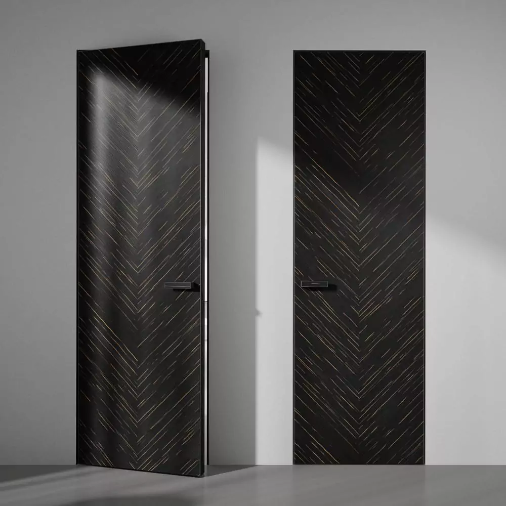 FILO–60, Alu, Valetti model, natural Ebano veneer. Hidden door frame, aluminum end edge and handle in Black color.