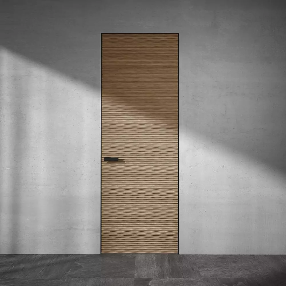 UNIFLEX-3D, Alu, Wave model, natural veneer Noce Canaletto. Hidden door frame, aluminum end edge and handle in Dark Brown color.