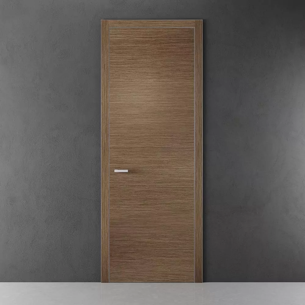 FILO–60, Alu, Vento model, natural veneer Noce Canaletto. Aluminum door frame monoblock, end edge and handle in Chrome Matt color. Platbands with an insert in the finish – natural veneer Noce Canaletto.