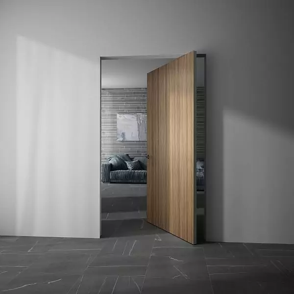 PIVOT–45, Alu, Step–V model, natural veneer Noce Canaletto, 3D volumetric milling. Aluminum edge and handle in Black finish.