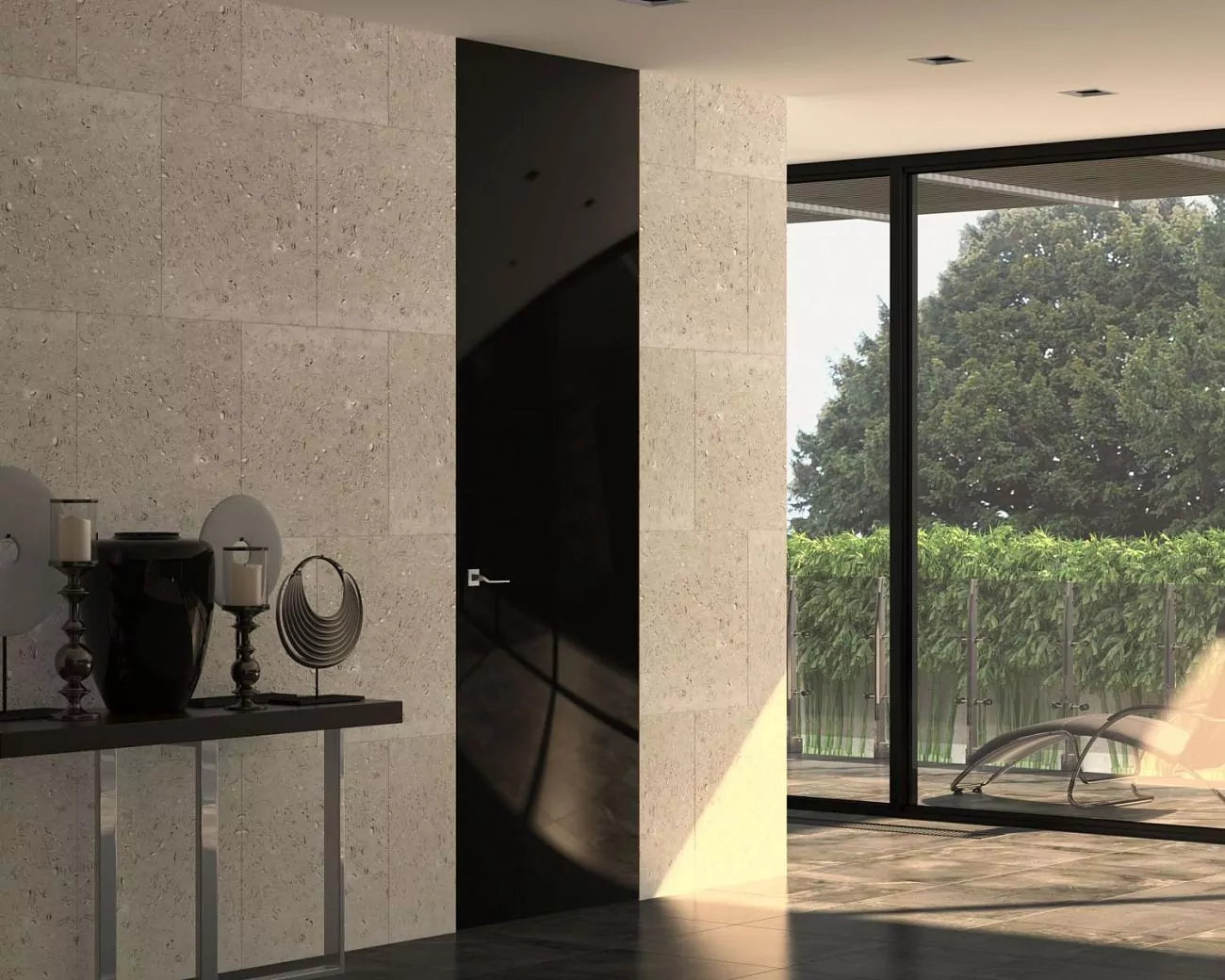 The door is "under the ceiling". FILO–60, glossy enamel Nero Gloss, hidden door frame in Chrome Matt finish.