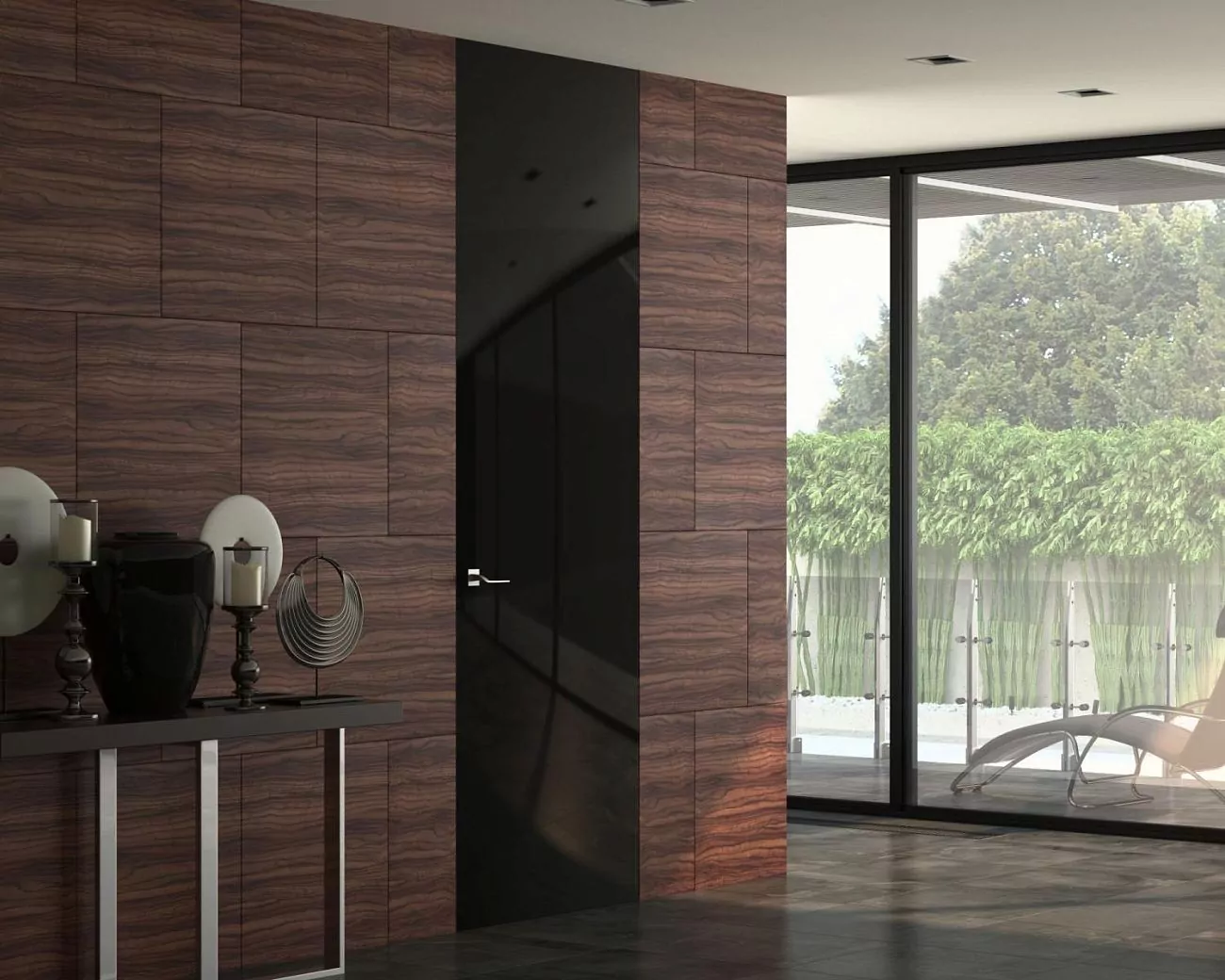 The door is "under the ceiling". FILO–60, glossy enamel Nero Gloss, hidden door frame in Chrome Matt finish.