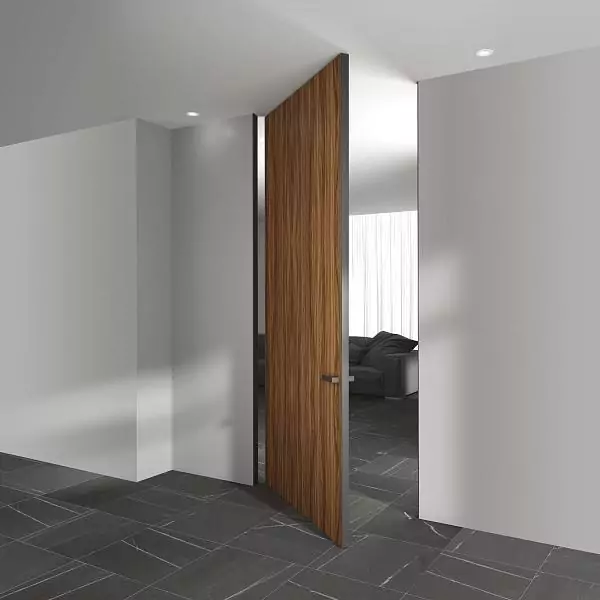 PIVOT-45, Alu, Velino model, natural veneer Noce Europeo. Aluminum end edge and handle in Piombo color.