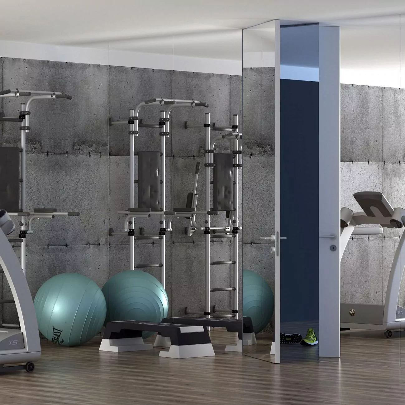 The door is "under the ceiling". FILO–60, Alu, Mirror, aluminum end edge and hidden door frame in Chrome Matt finish.