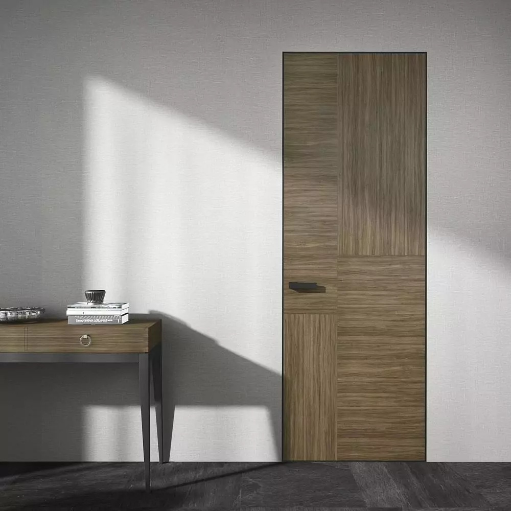 FILO–60, Alu, Vezana model, natural veneer Rovere Tabacco. Hidden door frame, aluminum end edge and handle in Dark Brown color.