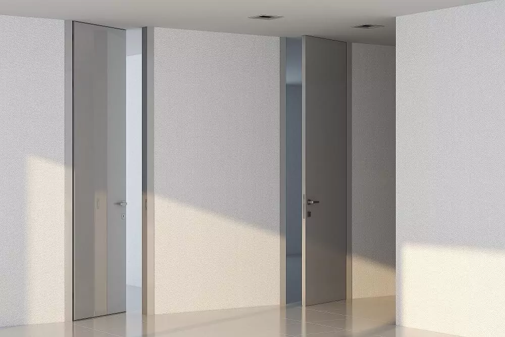 LAGO–60, matt enamel Grigio Seta, aluminum monoblock door frame and aluminum frame of the canvas in Chrome Matt finish. Platbands with an insert in the finish – matt enamel Grigio Seta. The "under the ceiling" option.
