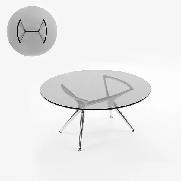 The LOTUS table. Table top–tempered tinted glass Trasparente Grafite. Base: aluminum, steel–Chrome finish.