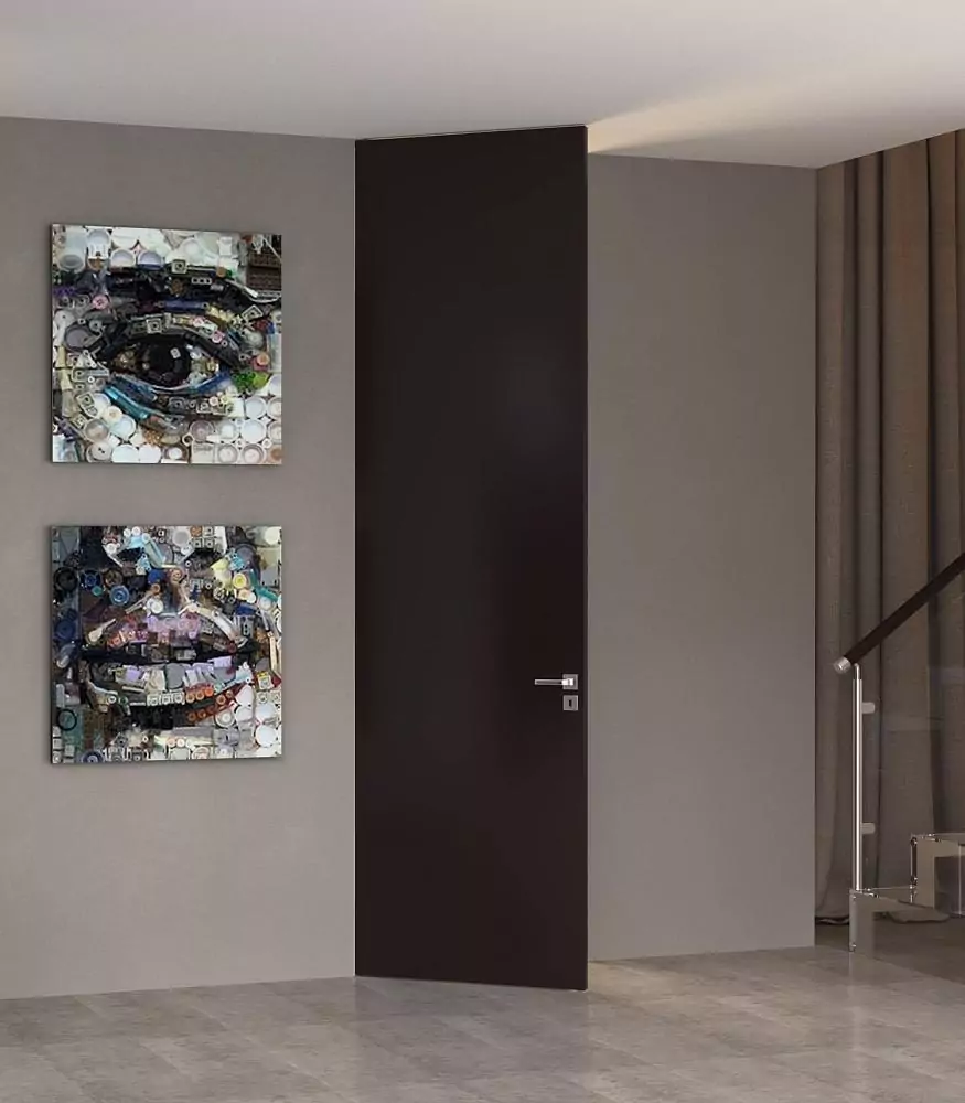 LAGO–60, Bruno matte enamel, hidden door frame in Dark Brown color. The "under the ceiling" option.