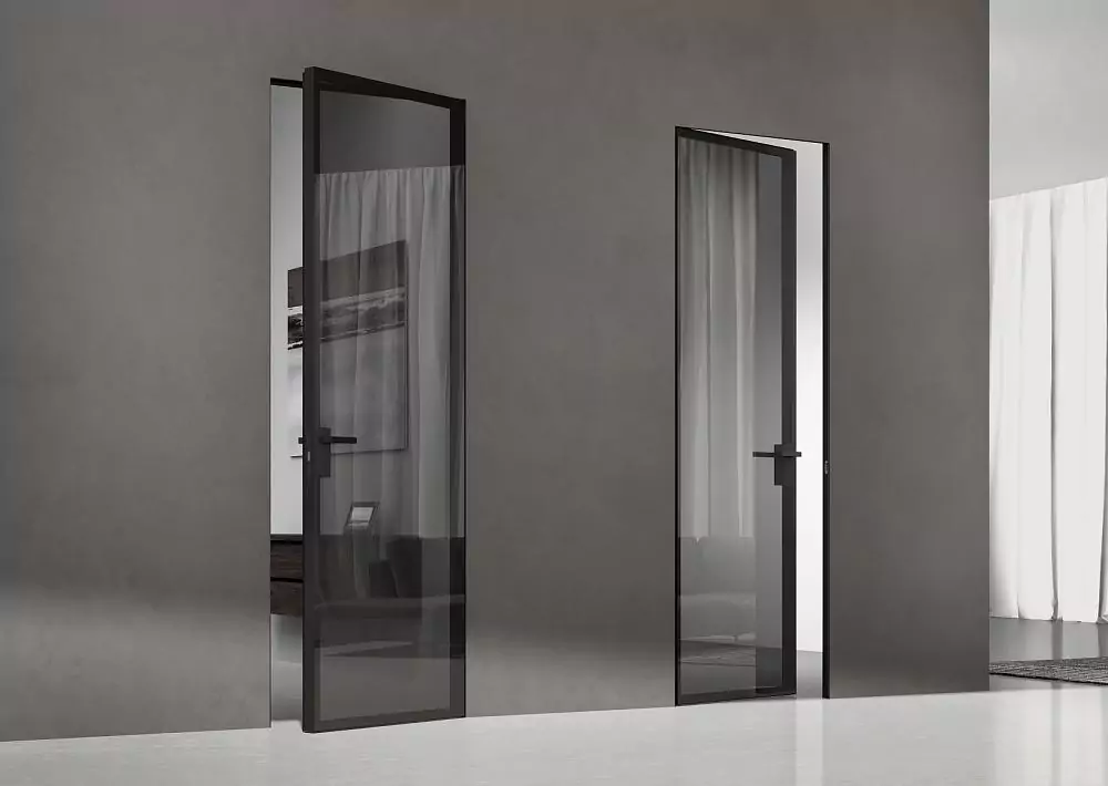 LAGO-60, translucent glass Trasparente Grafite. Hidden box, aluminum canvas frame and handle in Black finish.