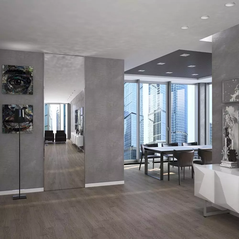 LAGO–60, Mirror (mirror). Hidden door frame, aluminum canvas frame and handle in Chrome Matt finish. The "under the ceiling" option.