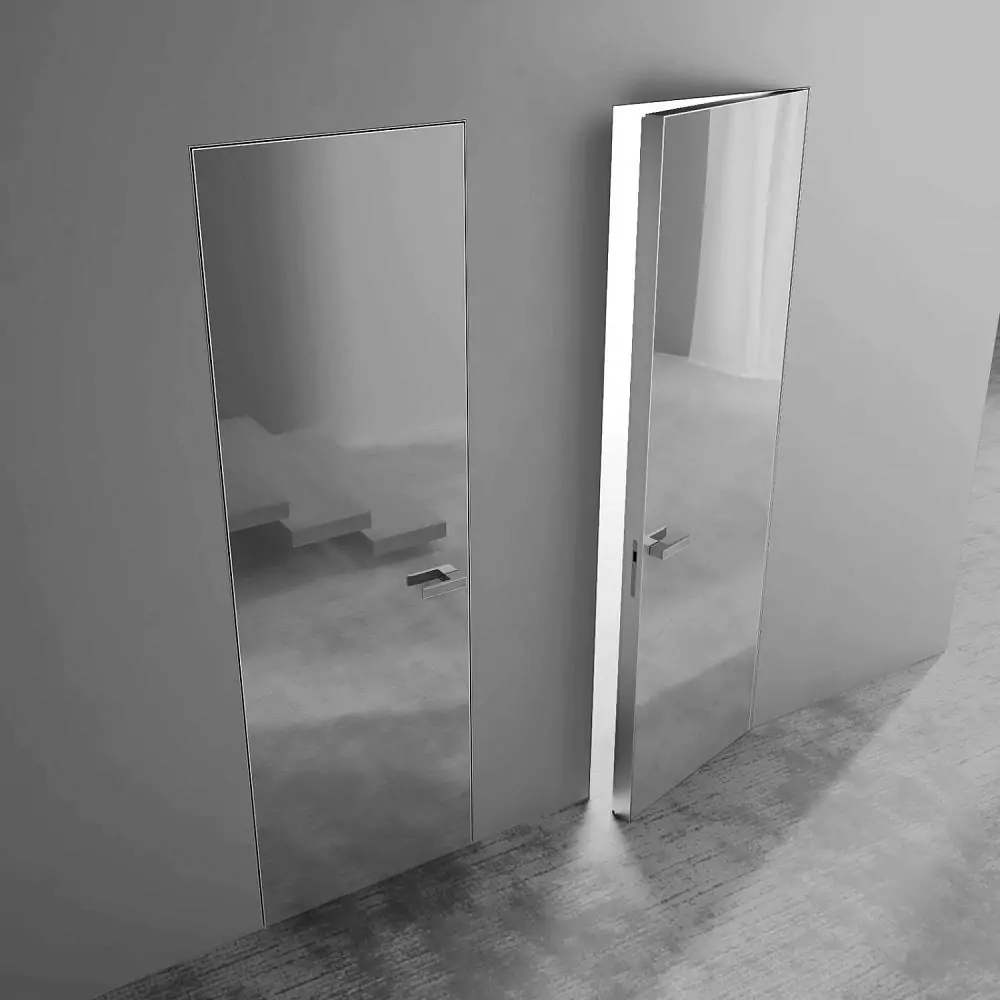 LAGO–60, glossy glass, painted according to RAL. Hidden door frame, aluminum canvas frame and handle in Chrome Matt finish.