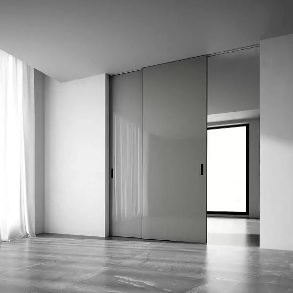 STRATUS–LAGO, frosted glass Glass Rocca Matt, aluminum canvas frame in Black color. Sliding double–leaf partition in the opening, hidden track in the ceiling.
