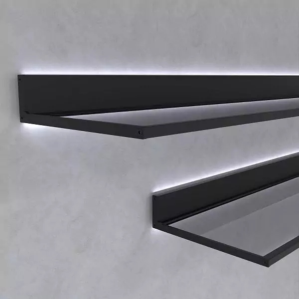 Mounted LUMINA shelf with backlight. GT02 Trasparente Grafite glass, profile in AL08 Black color.