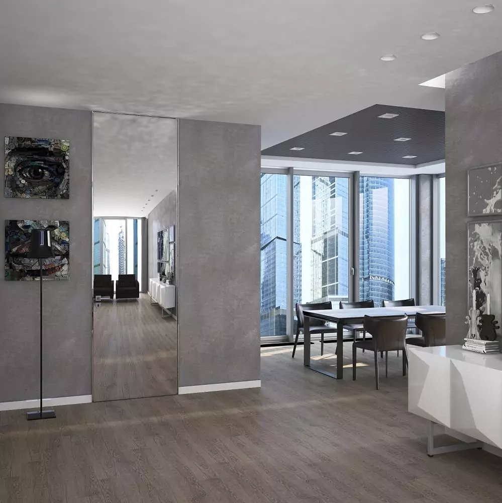 LAGO–60, Mirror (mirror). Hidden door frame, aluminum canvas frame and handle in Chrome Matt finish. The "under the ceiling" option.