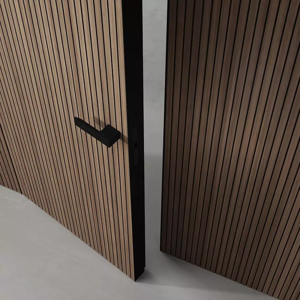 UNIFLEX–3D, Alu, Step model, natural veneer Noce Canaletto. Hidden door frame, aluminum end edge and handle in Black color. A fragment of the door and wall panels COVER, Step.