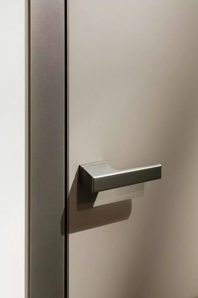 A fragment of a UNIX door. Matt enamel Grigio Seta. The aluminum profile of the canvas, the box with the platband and the handle are in Piombo color.