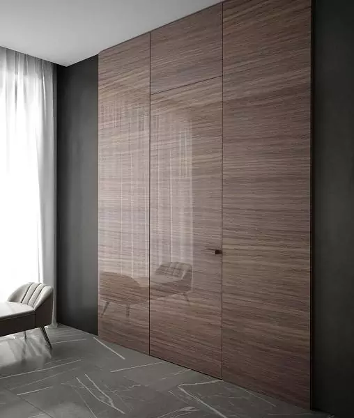 PIVOT-60, Alu, Vento model, natural veneer Noce Canaletto Gloss, glossy varnish. Hidden box, aluminum edge and handle in Piombo color.