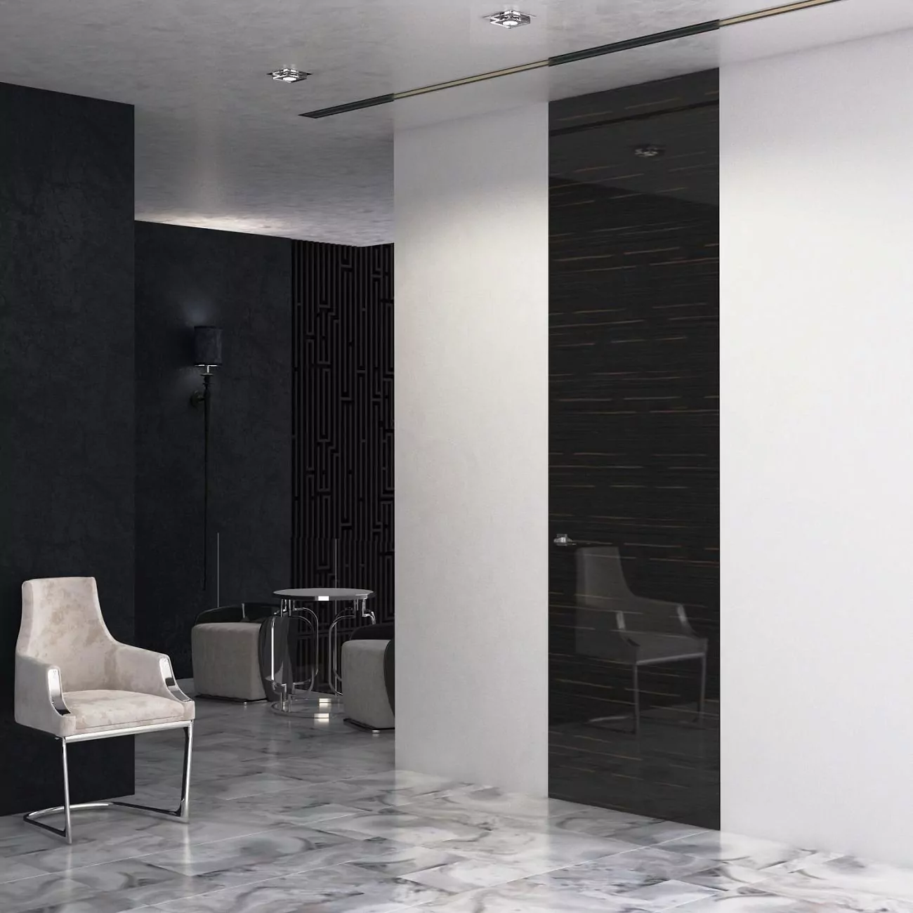The door is "under the ceiling". FILO–60, Alu, Vento, natural veneer Ebano Gloss, aluminum end edge and hidden door frame in Black finish.