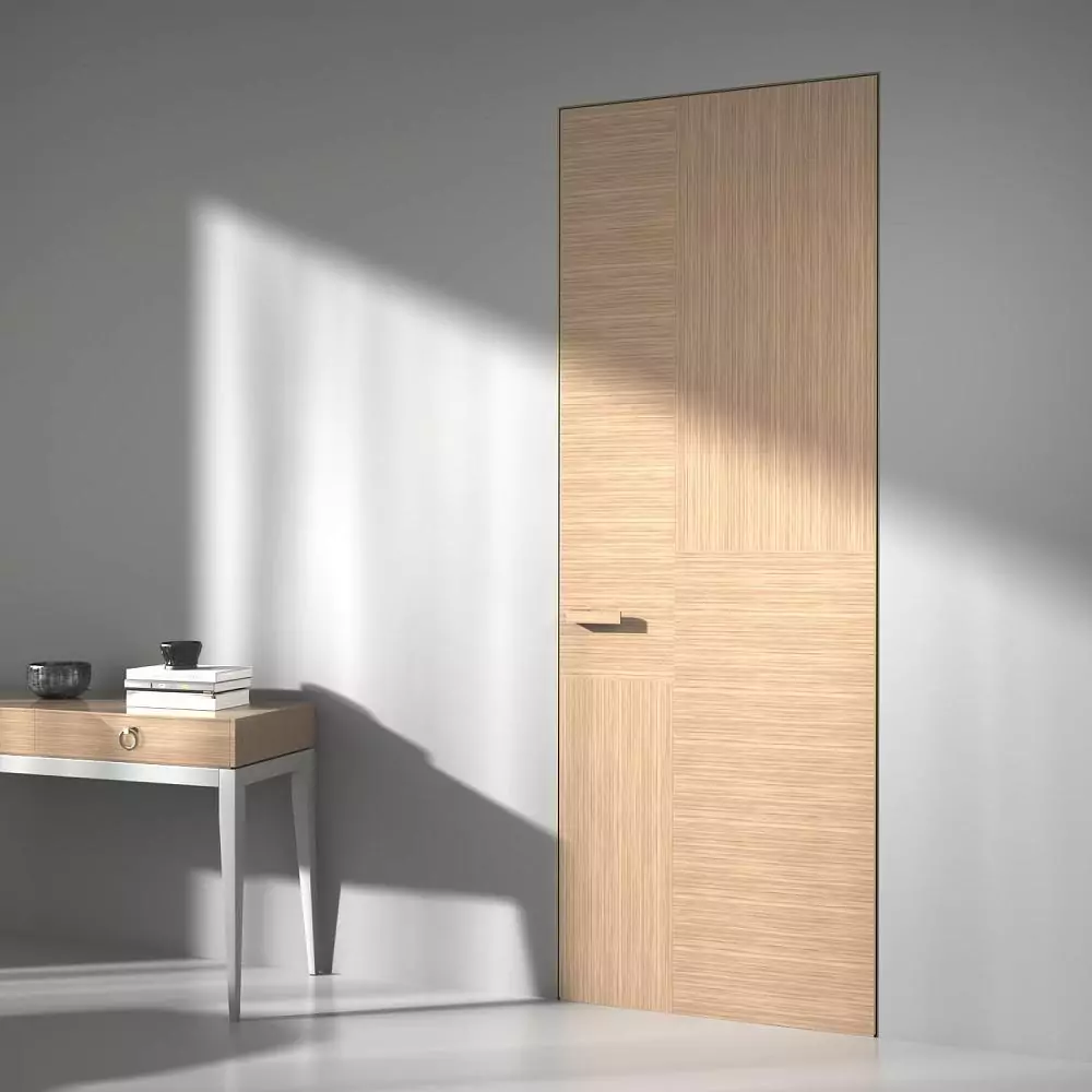 FILO–60, Alu, Vezana model, natural veneer Rovere Chiaro. Hidden door frame, aluminum end edge in Crome Matt finish.