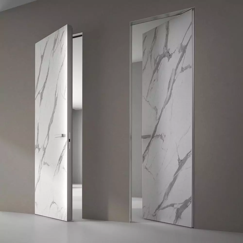 FILO–60, Alu, decorative composite material Marmo Bianco. Hidden door frame, aluminum end edge and handle in Chrome Matt finish.