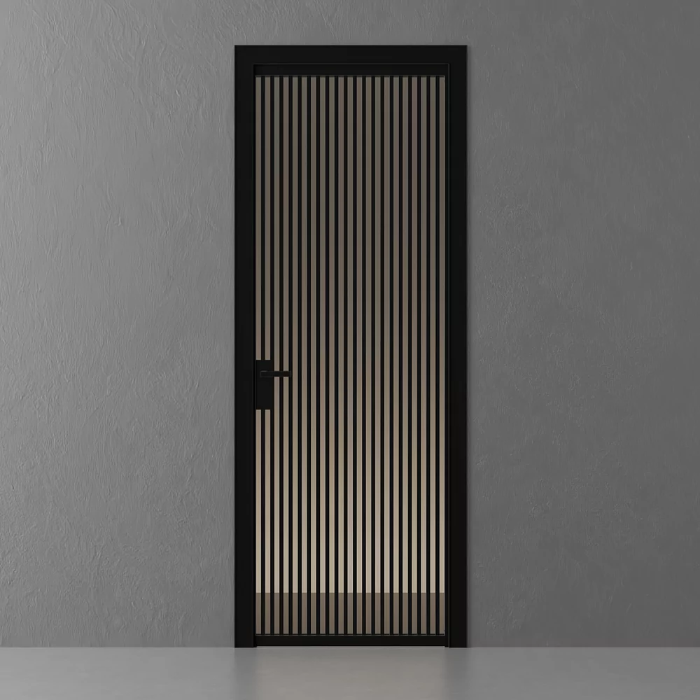 SLIM, Ritmo model, translucent Trasparente Bronzo glass, PLANAR aluminum monoblock door frame. A monoblock door frame, an aluminum canvas frame and a handle in Dark Brown color. Platbands without insert.
