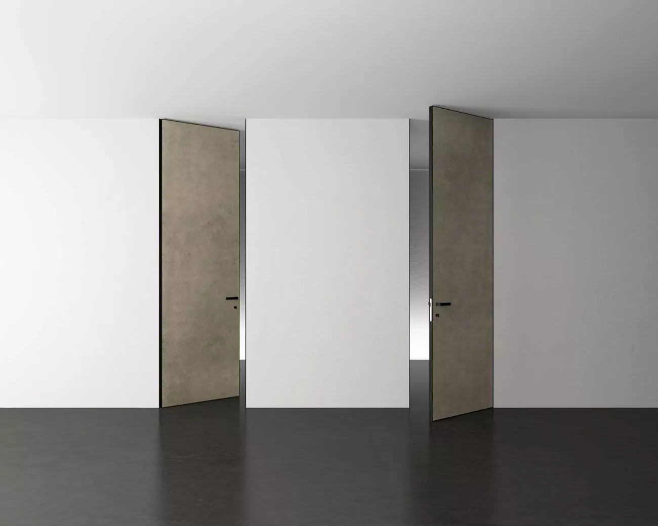Doors "under the ceiling". FILO–60, Alu, decorative composite material Pietra Calce. Hidden door frame, aluminum end edge and handle in Black finish.