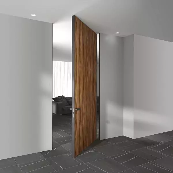 PIVOT–60, Alu, Velino model, natural veneer Noce Europeo. Hidden door frame, aluminum edge and handle in Piombo color.