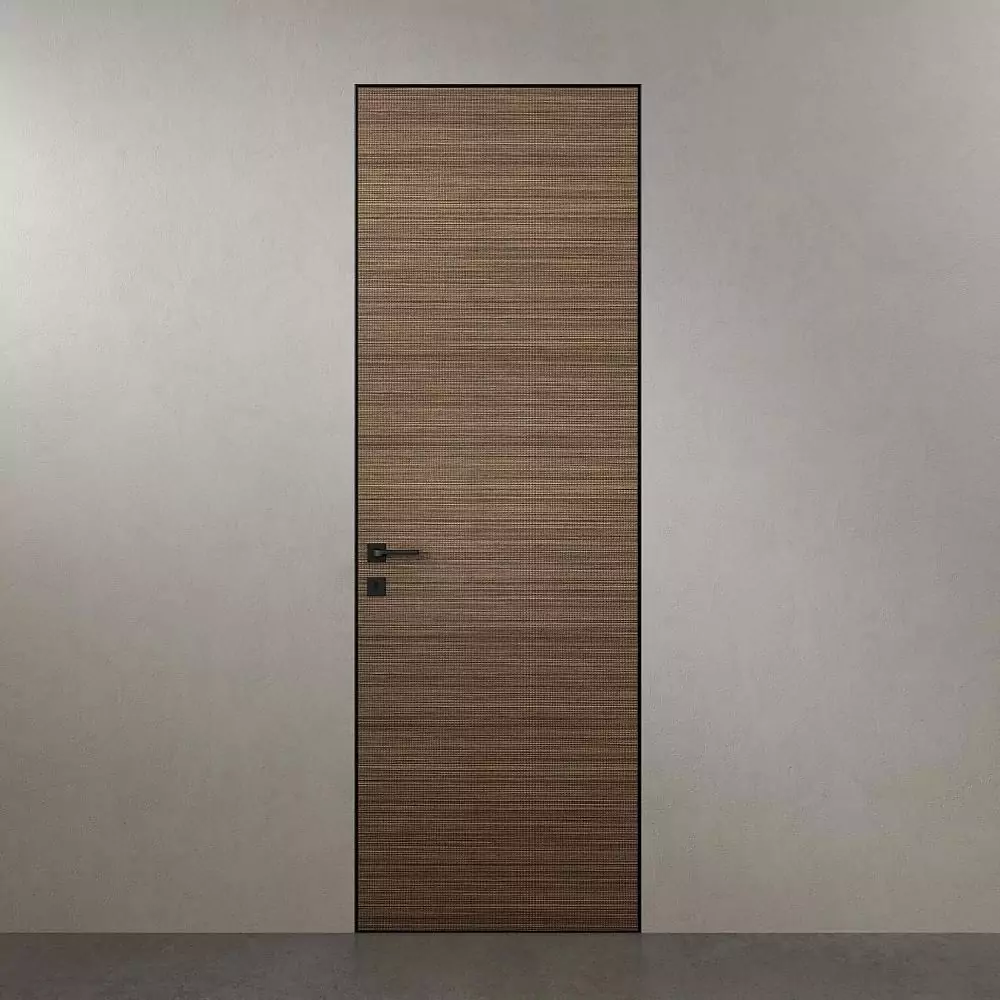 UNIFLEX–3D, Alu, Bolla model, natural veneer Noce Canaletto. Hidden door frame, aluminum edge and handle in Black color.