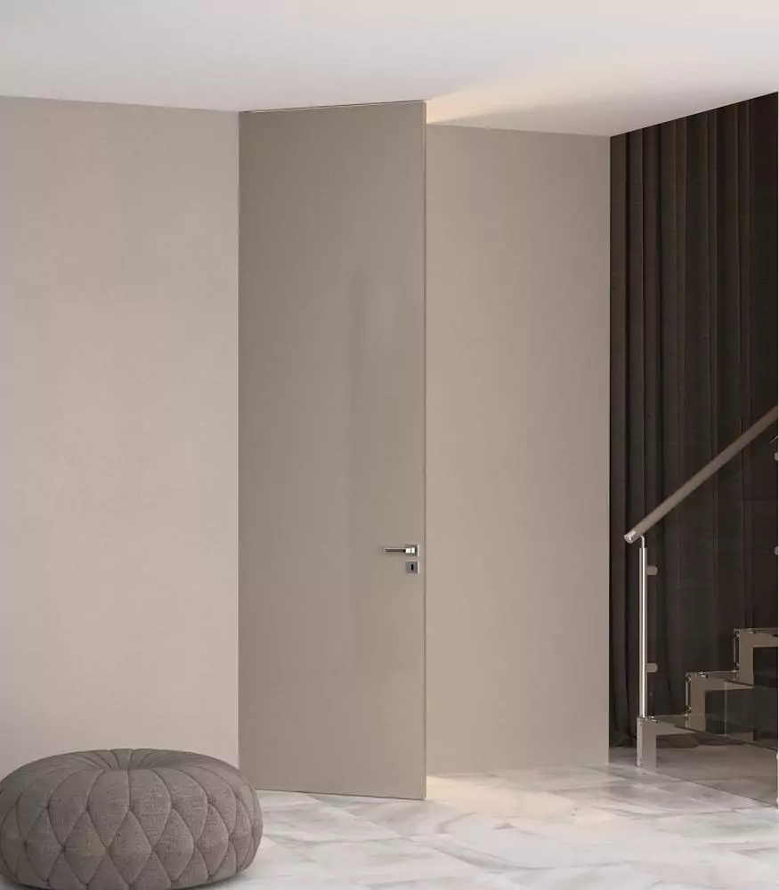 FILO–60, Alu, matt Sabbia enamel, hidden door frame and aluminum end edge in Chrome Matt finish. The "under the ceiling" option.