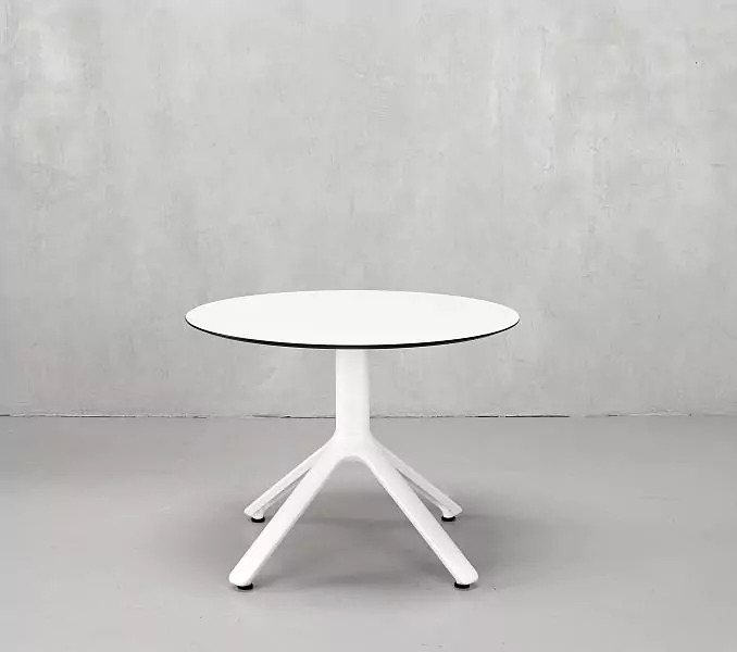 The OPERA table. The table top is a universal composite wear–resistant material of Marmo Bianco. Base: aluminum, steel–White finish.