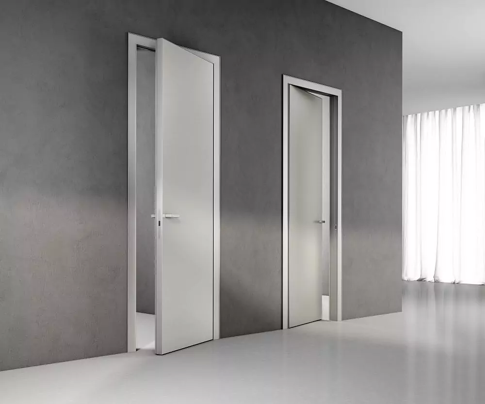 LAGO–60, frosted glass in Bianco color, aluminum monoblock door frame and aluminum canvas frame in Chrome Matt finish. Platbands without insert.