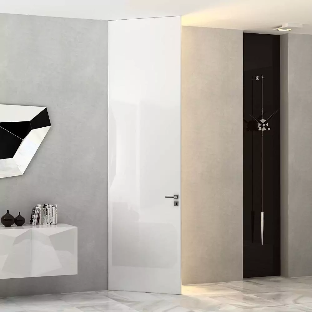 FILO-60, glossy enamel Bianco Gloss, hidden box in Chrome Matt finish. The "under the ceiling" option.