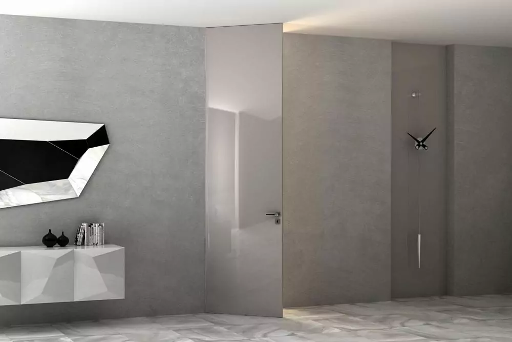 FILO-60, glossy enamel Grigio Seta Gloss, hidden box in Chrome Matt finish. The "under the ceiling" option.