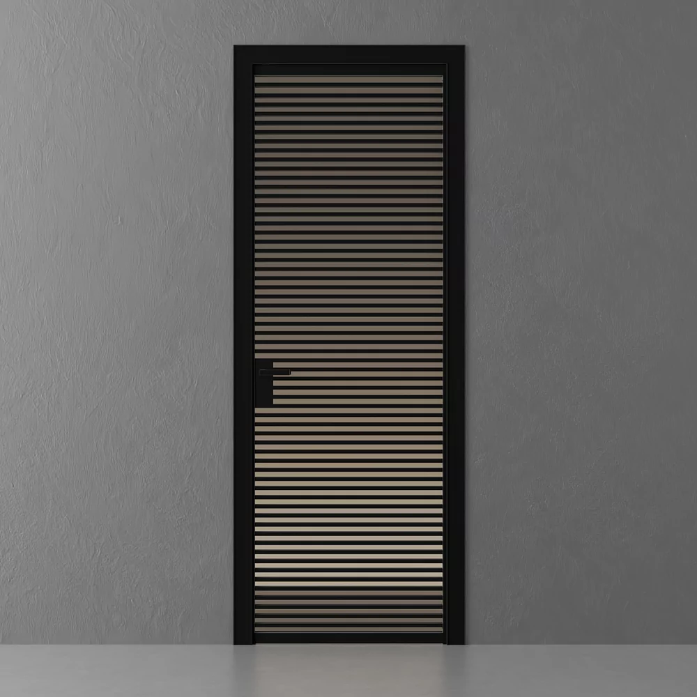 SLIM, Pulsar model, translucent Trasparente Bronzo glass, PLANAR aluminum monoblock door frame. A monoblock door frame, an aluminum canvas frame and a handle in Dark Brown color. Platbands without insert.
