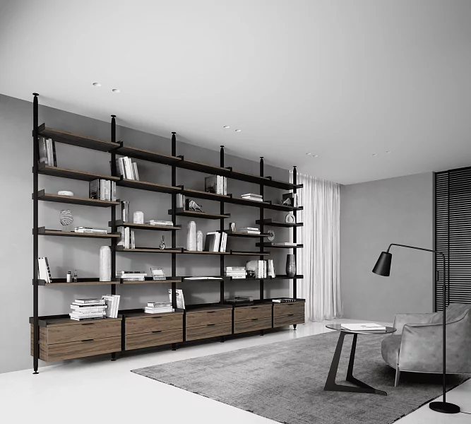 FORTE shelving, aluminum in Black finish, shelves and dressers in Noce Tradizionale finish