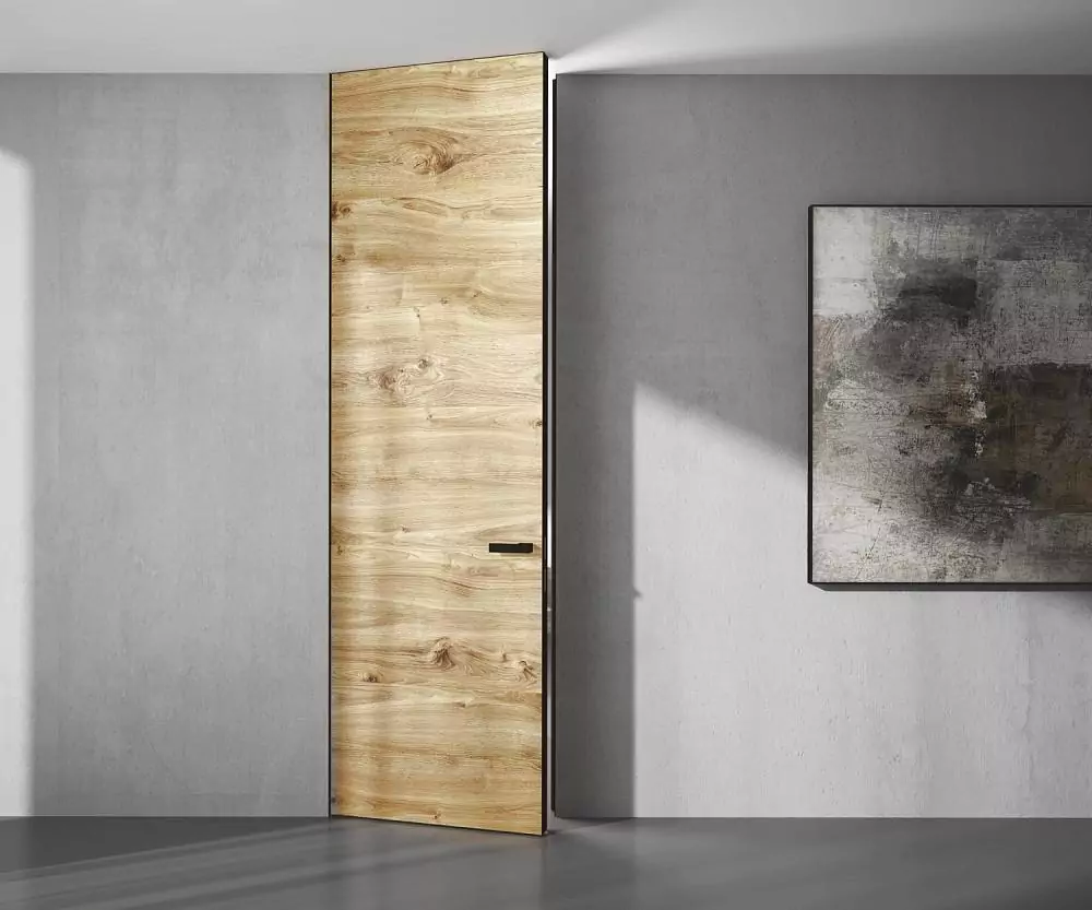FILO–60, Alu, Vento model, natural veneer Rovere Antico. Hidden door frame, aluminum end edge and handle in Black color. The "under the ceiling" option.
