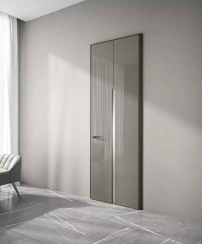 TONDA SV, Sabbia Gloss glossy enamel, Trasparente Grafite glass, aluminum door frame and handle in Black color.