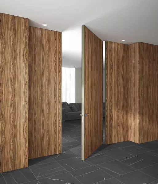 COVER, natural veneer Noce Europeo. Wall panels and door PIVOT-60, Alu in single finish.