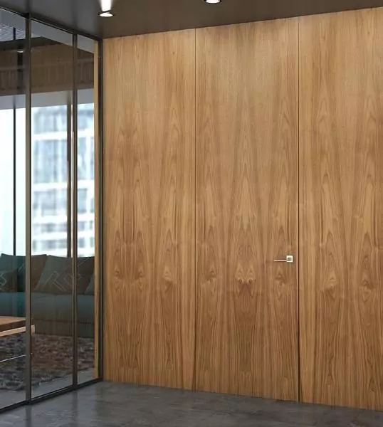 COVER, natural veneer Noce Europeo. Wall panels and door FILO-60, Alu in single finish.