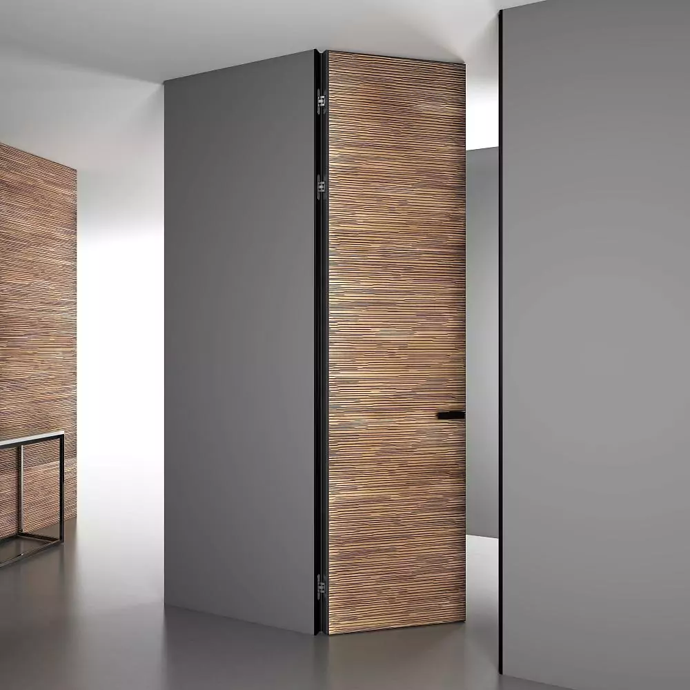 UNIFLEX–3D, Alu, Espirit model, natural veneer Noce Canaletto. Hidden door frame, aluminum end edge and handle in Black color. Wall panels COVER, Espirit. A variant of the door "under the ceiling".
